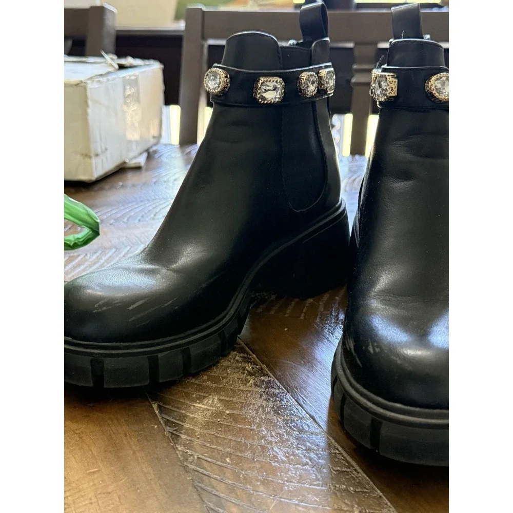Black Chelsea Boots Embellished with Crystals Chunky Lug Sole Size 8M - Picture 5 of 10